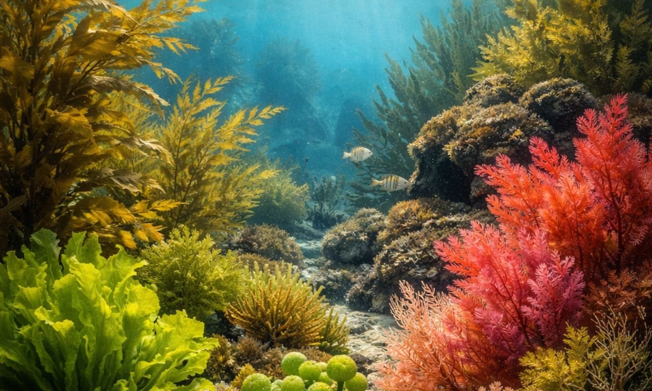 Diferentes tipos de algas marinas pardas, rojas y verdes bajo el agua con luz solar