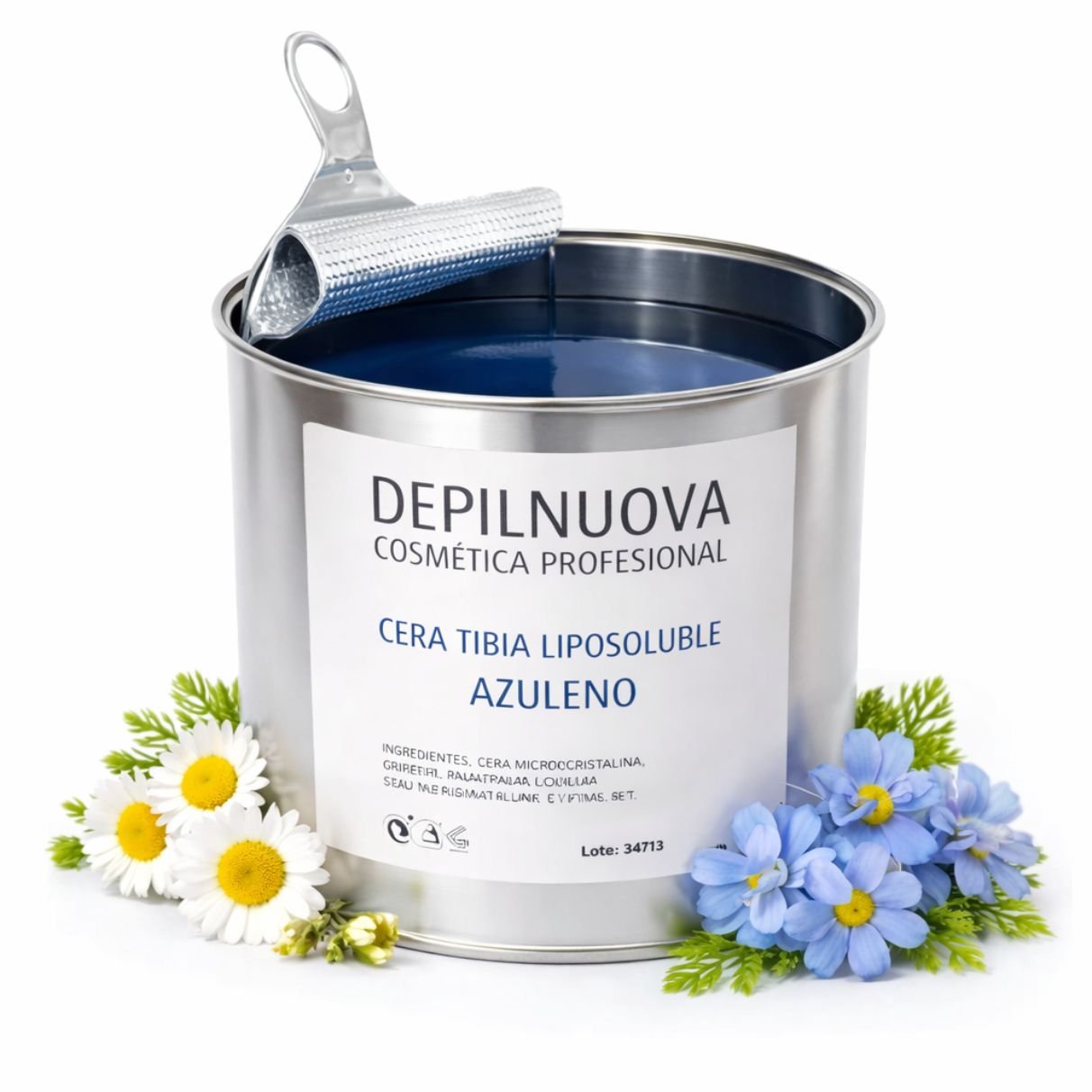 Cera depilatoria tibia de azuleno en lata metálica 800ml sobre fondo blanco — formato profesional de alto rendimiento para centros de estética