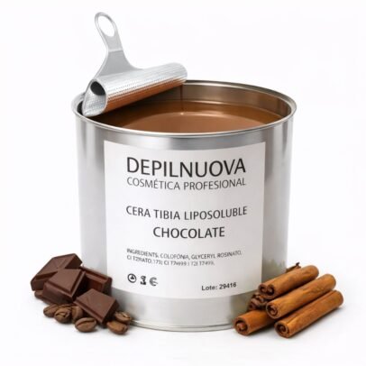 Cera depilatoria tibia de chocolate en lata metálica 500ml sobre fondo blanco — cera liposoluble marrón con manteca de cacao para pieles secas y vello grueso