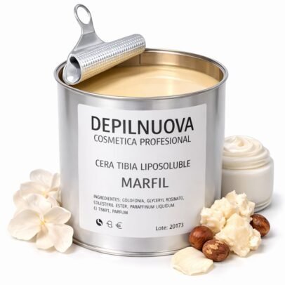Cera depilatoria tibia marfil en lata metálica 500ml sobre fondo blanco — cera liposoluble sin colorantes ni fragancias para pieles alérgicas y sensibles