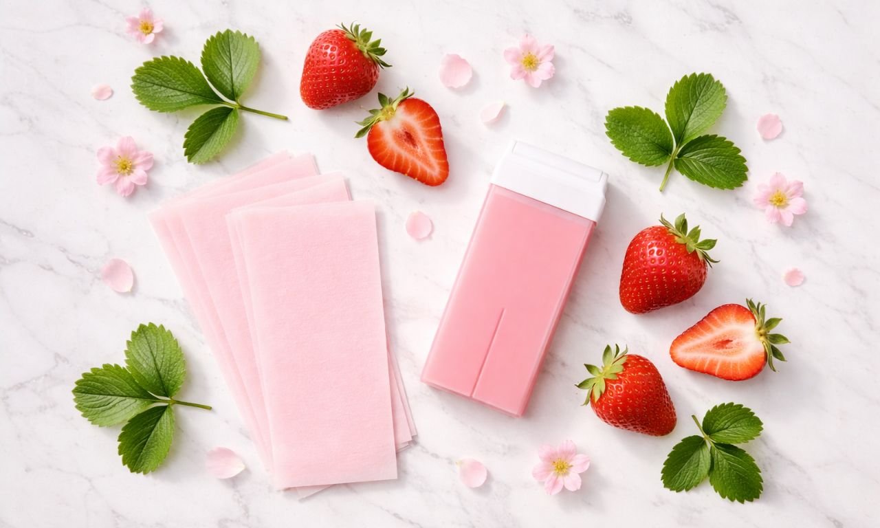 Cera roll-on rosa con extracto de fresa, bandas depilatorias y fresas frescas sobre fondo de mármol blanco