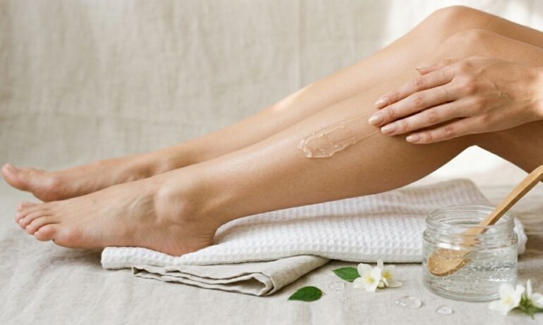 Mujer aplicando gel transparente de aloe vera sobre piernas suaves recién depiladas junto a tarro de gel, flores de manzanilla y toalla blanca