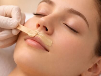Esteticista aplicando cera depilatoria caliente en labio superior con espátula pequeña