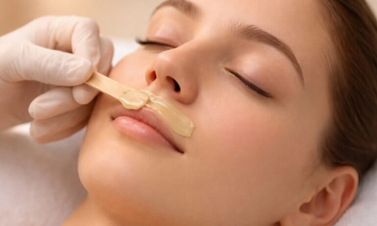 Esteticista aplicando cera depilatoria caliente en labio superior con espátula pequeña