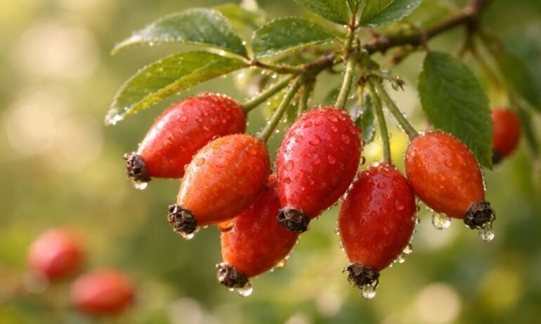 Escaramujos rojos maduros de rosa mosqueta (*Rosa rubiginosa*) con gotas de rocío colgando de una rama con hojas verdes — fuente del aceite de rosa mosqueta