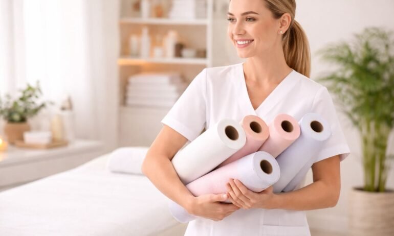 Esteticista sonriente con bata blanca sosteniendo varios rollos de papel camilla en colores blanco, rosa y azul en una cabina de estética profesional