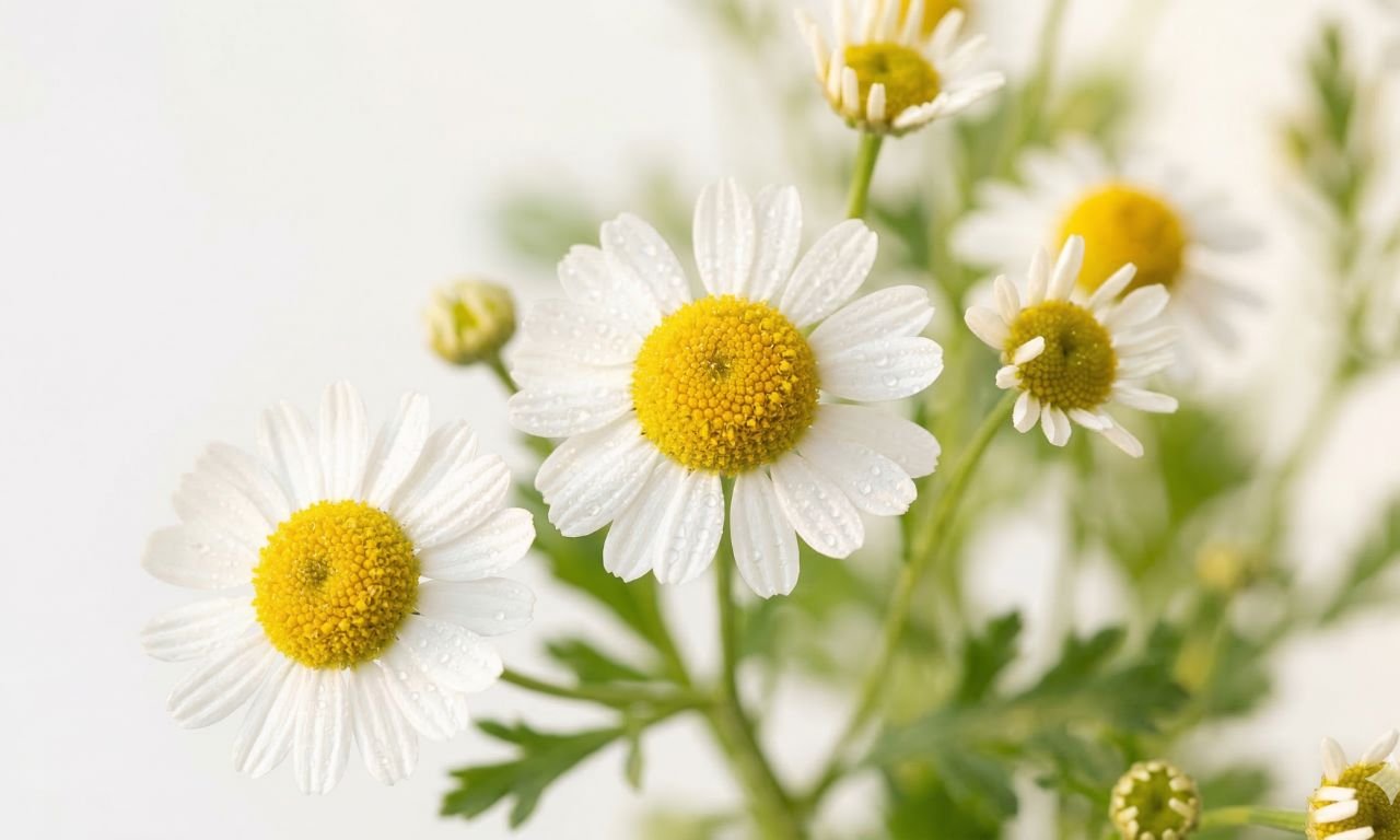 Flores frescas de manzanilla blancas con centro amarillo y gotas de rocío sobre fondo blanco — ingrediente activo del azuleno en cera depilatoria
