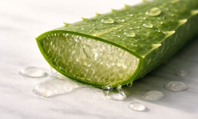 Hoja de aloe vera (*Aloe barbadensis Miller*) recién cortada con gel transparente visible en su interior y gotas de gel sobre superficie de mármol blanco