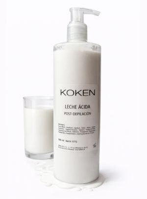 Leche ácida post depilación Koken 500ml en botella transparente con dosificador sobre fondo blanco — restaura el pH de la piel tras la depilación con cera
