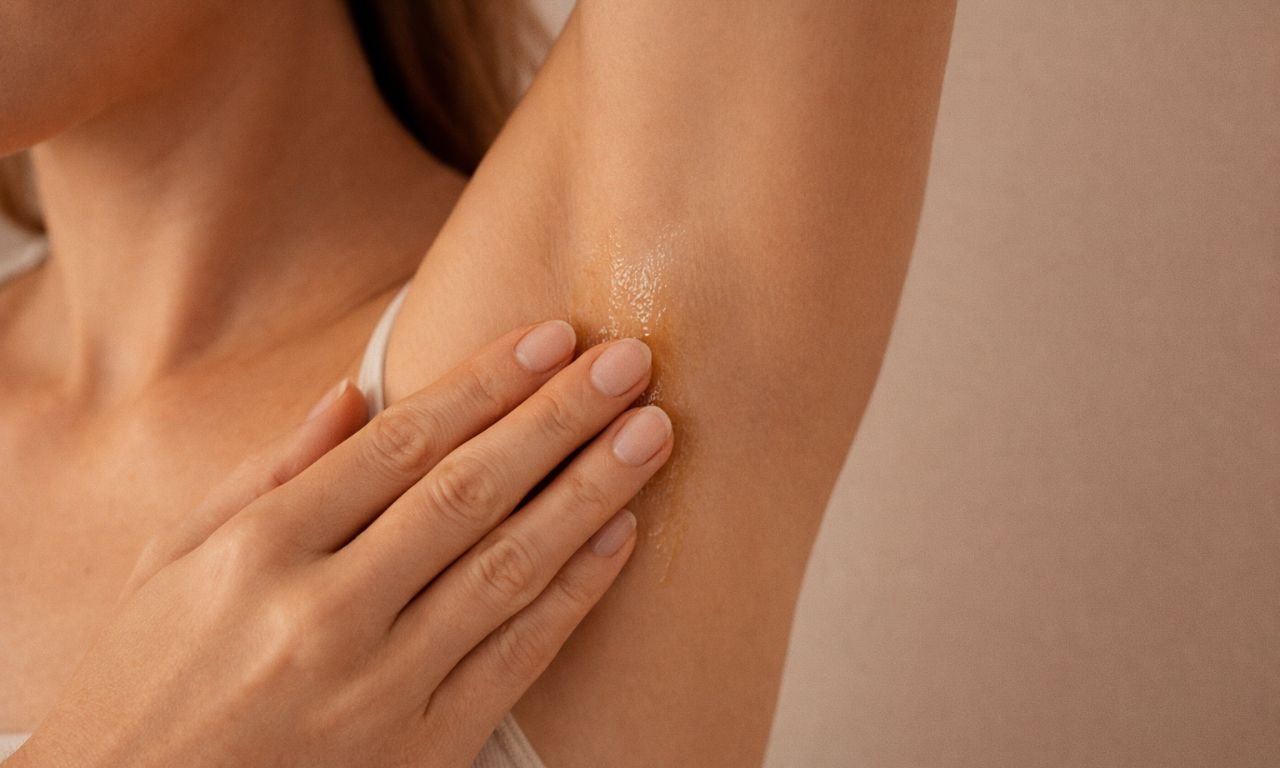 Mujer aplicando aceite ámbar de rosa mosqueta con los dedos sobre axila suave y de tono uniforme como tratamiento para manchas oscuras por depilación