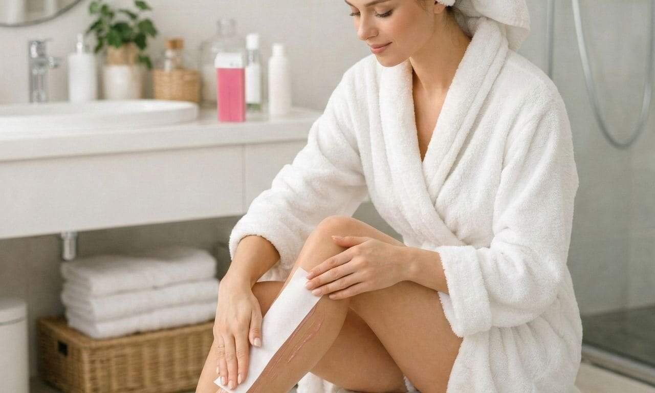 Mujer en albornoz blanco aplicando banda de cera roll-on en la pierna sentada en el baño