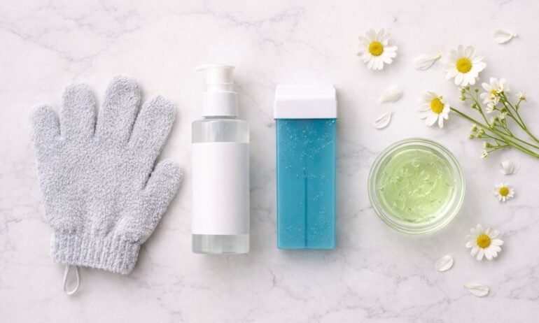Guante exfoliante gris, botella de loción pre-depil, cartucho roll-on de cera azuleno azul y cuenco de gel de aloe vera verde sobre mármol blanco con flores de manzanilla