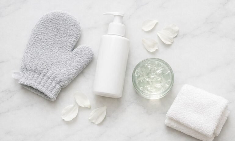 Guante exfoliante gris, botella de loción, cuenco de gel y toalla blanca sobre mármol.