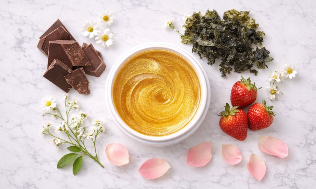 Tarro de cera depilatoria dorada rodeado de ingredientes naturales: chocolate, algas, fresas, manzanilla y pétalos de rosa sobre mármol blanco