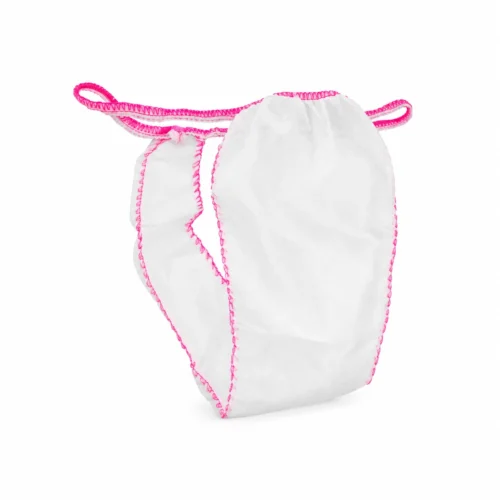Tanga desechable para mujer blanco con ribete rosa