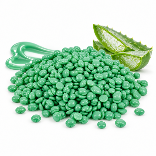 Perlas verdes de cera depilatoria aloe vera con hojas decorativas de aloe